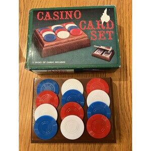 Casino Playing Card Set Two Decks Wooden Box Case With Poker Chips On Lid